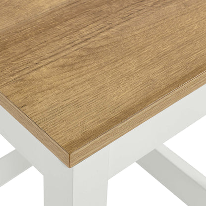 Oak-finish wooden seat with white frame, modern kitchen bar stool.