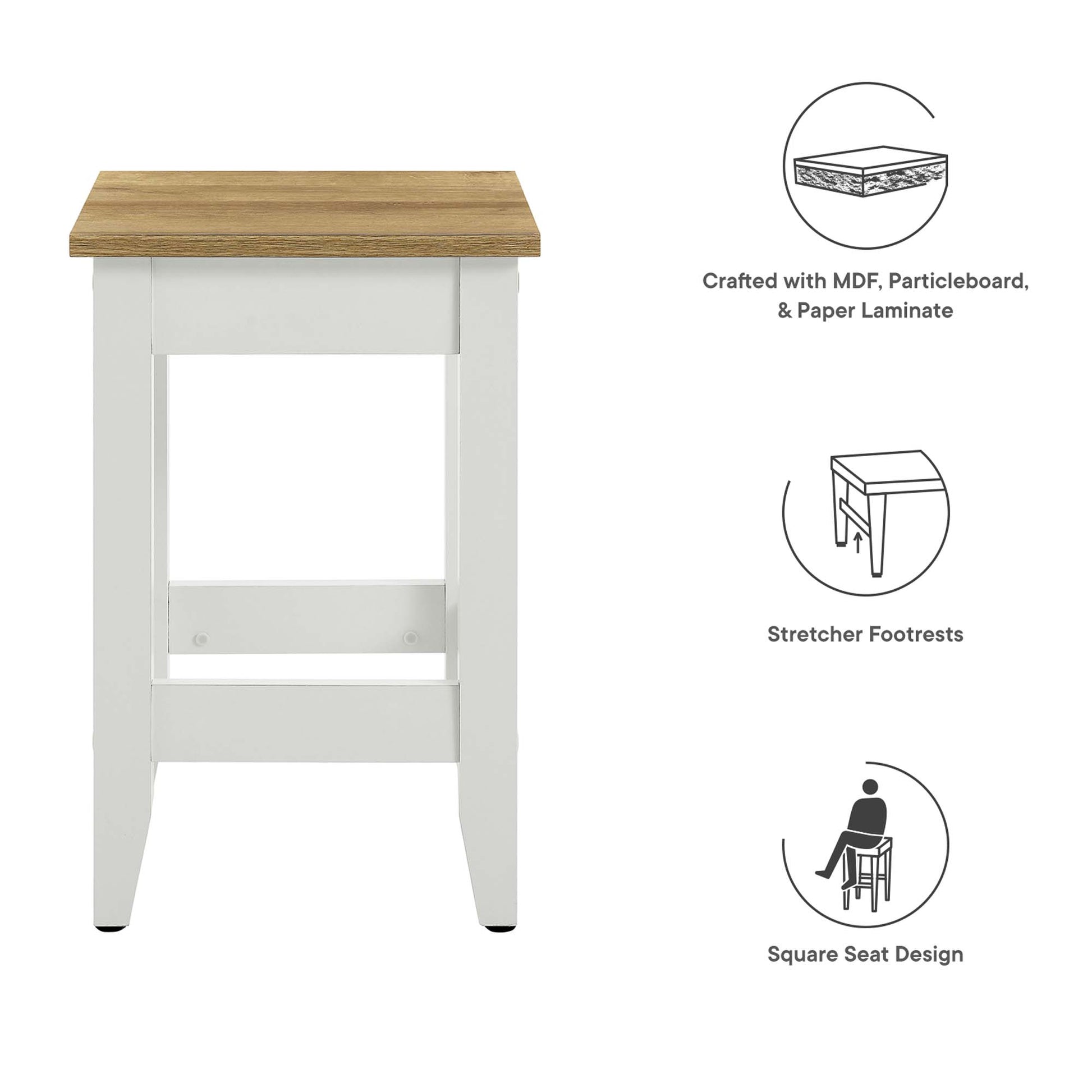Oak-top bar stool with white frame, square design and footrests.