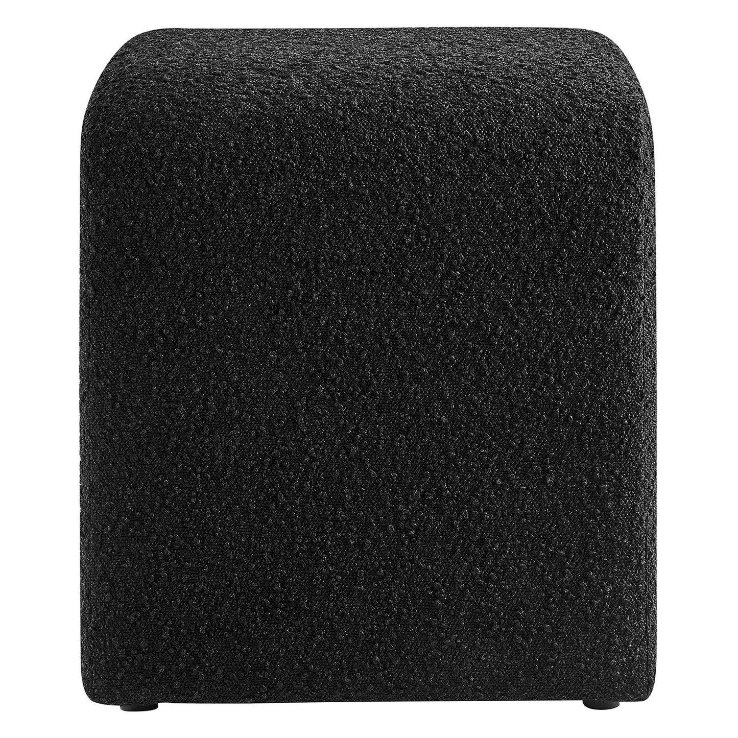 Black boucle fabric-covered cube stool with rounded corners and small feet.