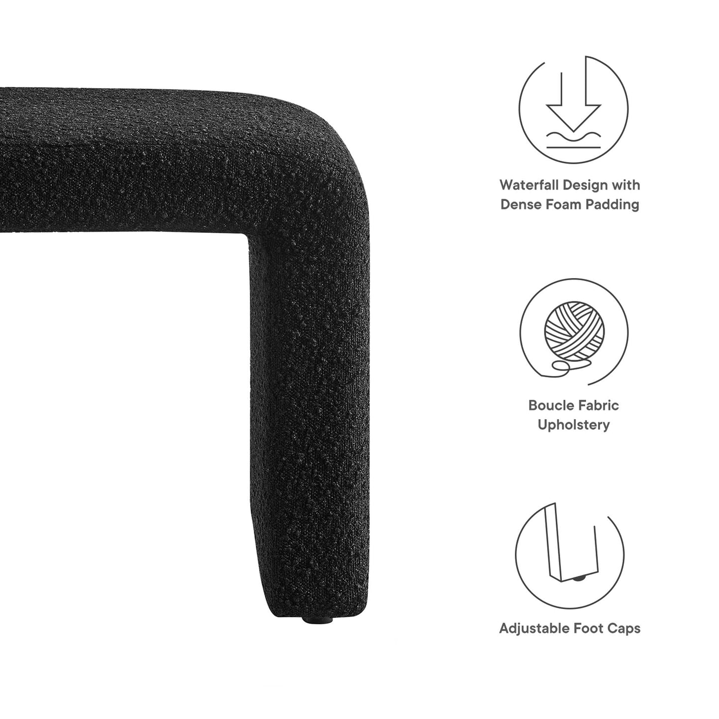 Black boucle fabric waterfall-edge stool with a textured curved seat and padding; adjustable foot caps.