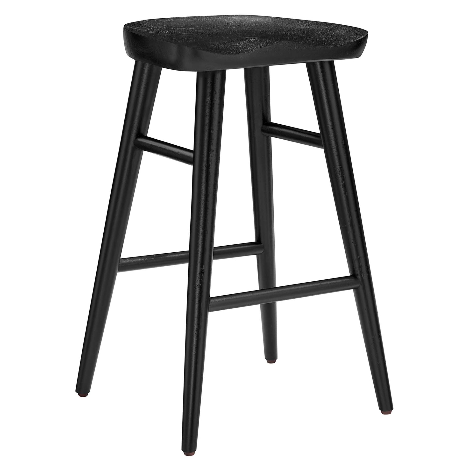 Black wood counter stools, backless, with round contoured seats, four angled legs and footrest bars; set of 2.
