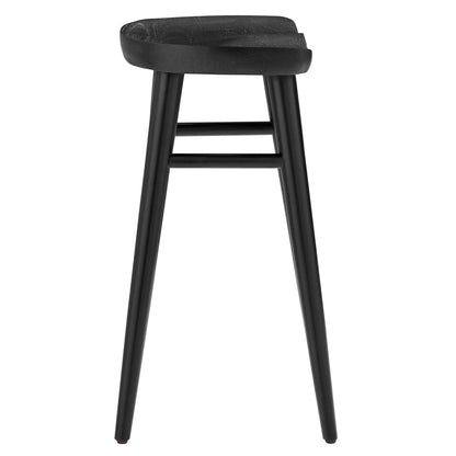 Black backless wood counter stool with a curved seat, slim tapered legs and a metal footrest.