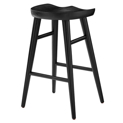 Black wooden counter stool with a curved contoured seat, four tapered legs and a built-in lower footrest.