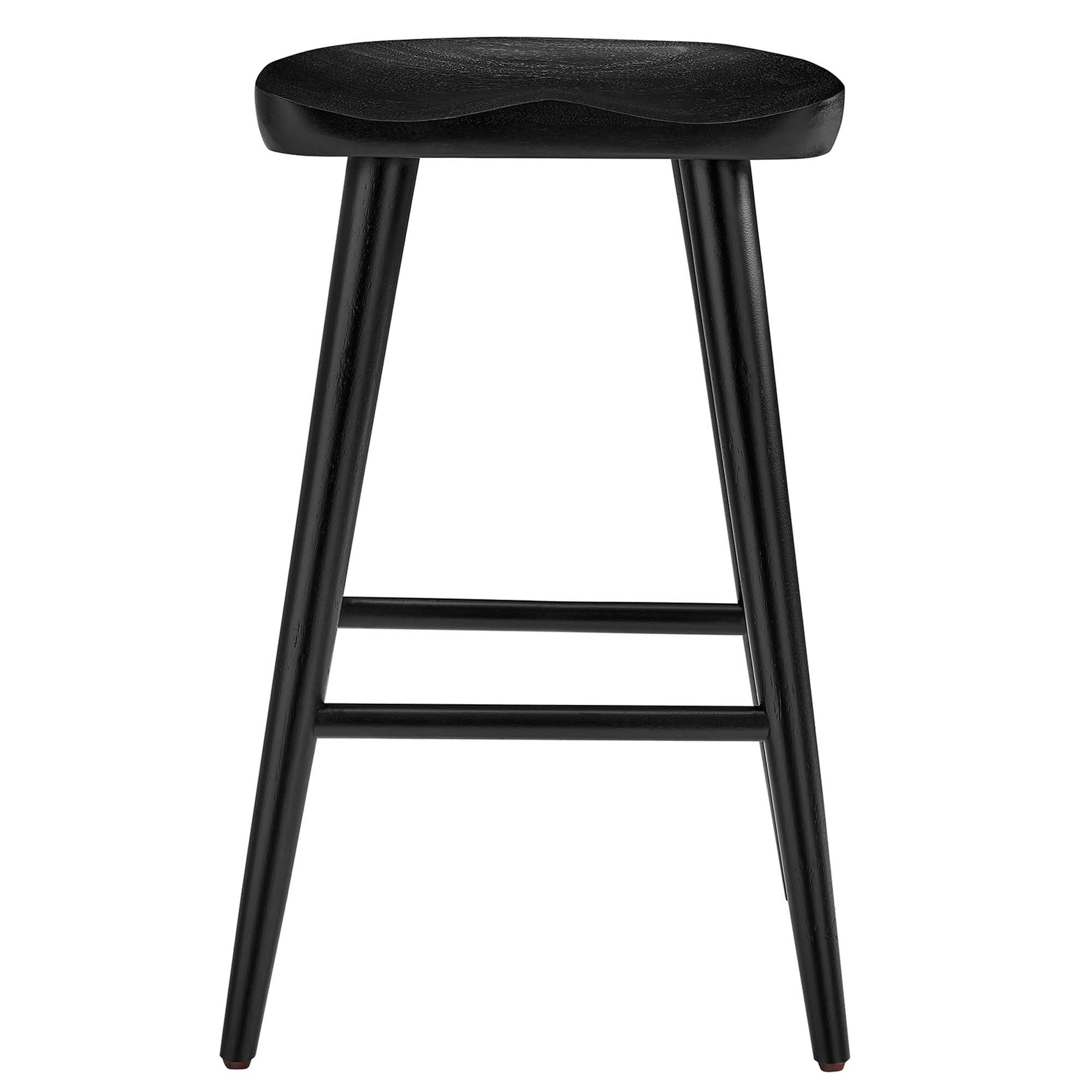 Set of 2 black wood backless counter stools with four angled legs and a footrest.