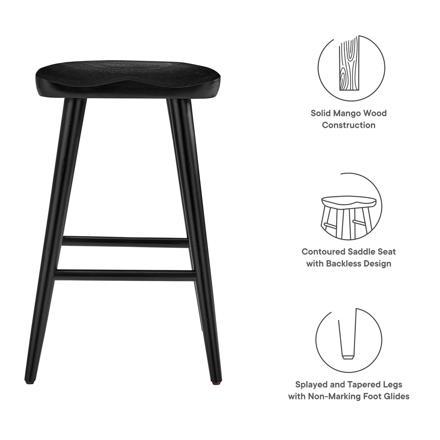 Black solid mango wood counter stools with contoured saddle seats, backless design & splayed tapered legs with non-marking foot glides.