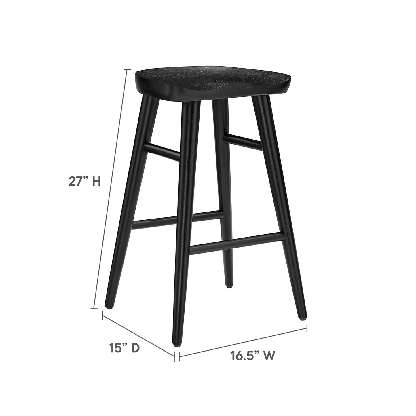 Black wooden counter stools with curved seats, four tapered legs and footrest rails; set of 2 for modern rustic kitchen seating.