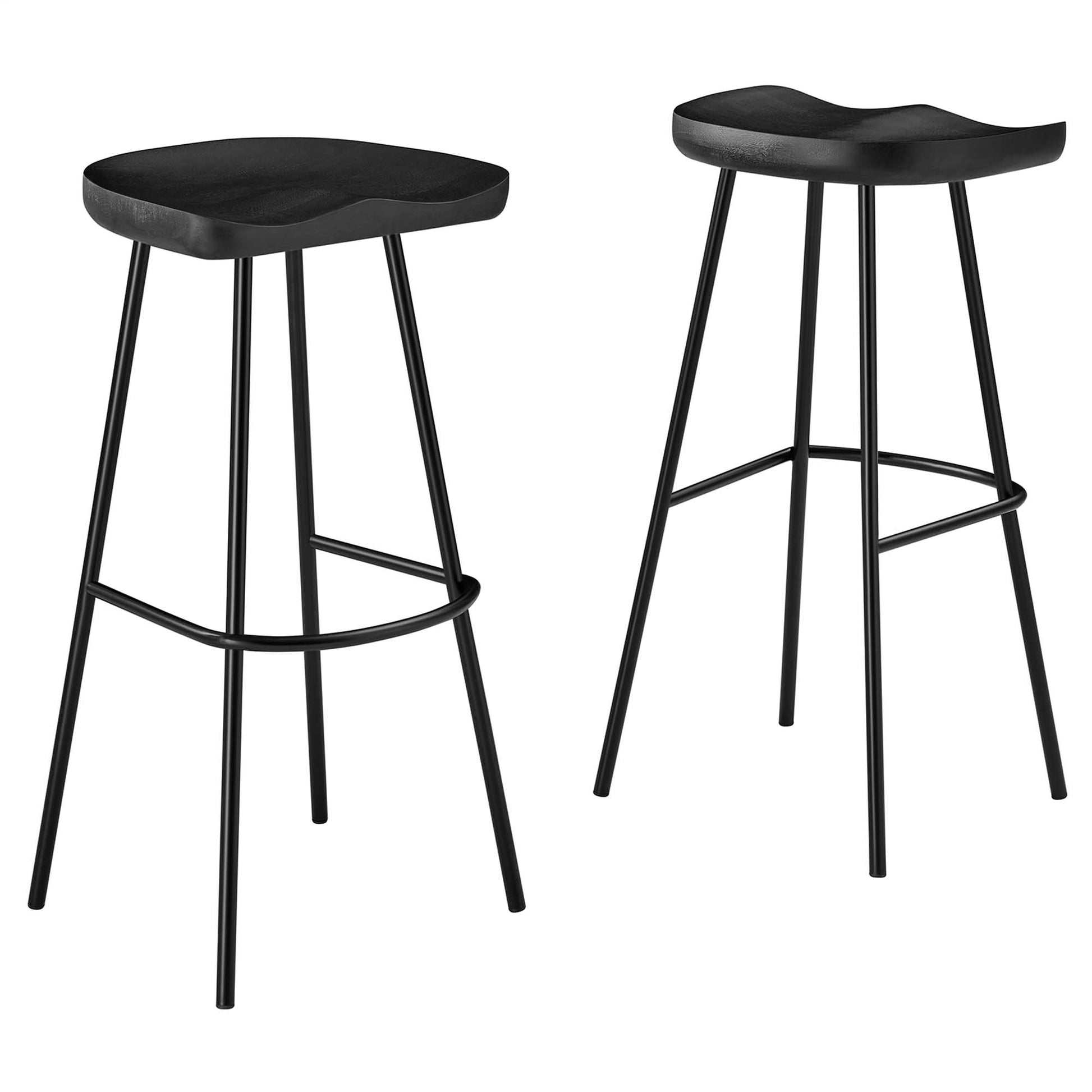 Pair of black wood backless bar stools, set of 2.