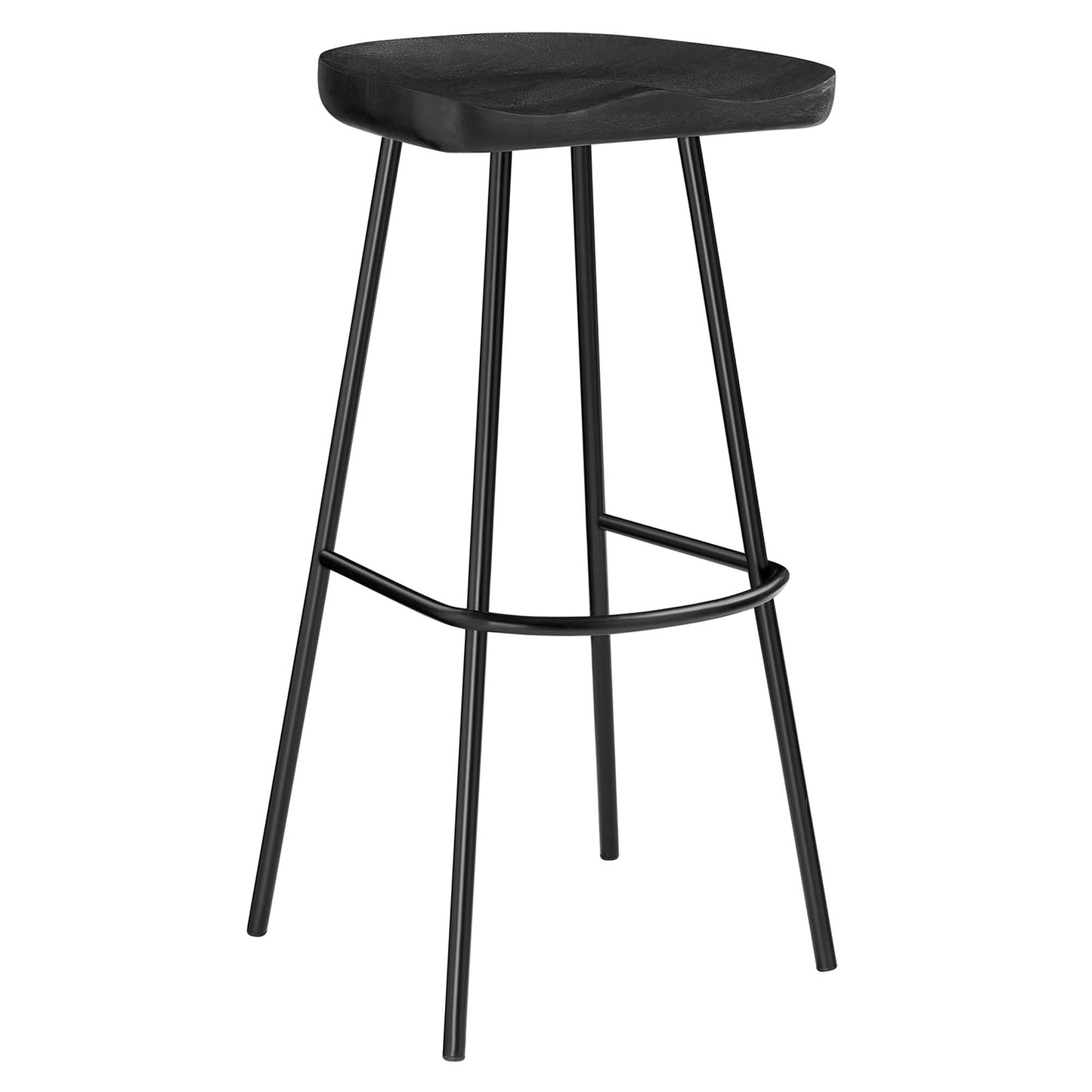 Black backless wood bar stools with four slender metal legs and a curved footrest; set of 2.