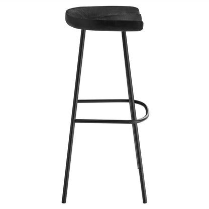 Black backless wood bar stools, set of 2, with round wood seats, slender metal legs and curved footrests.