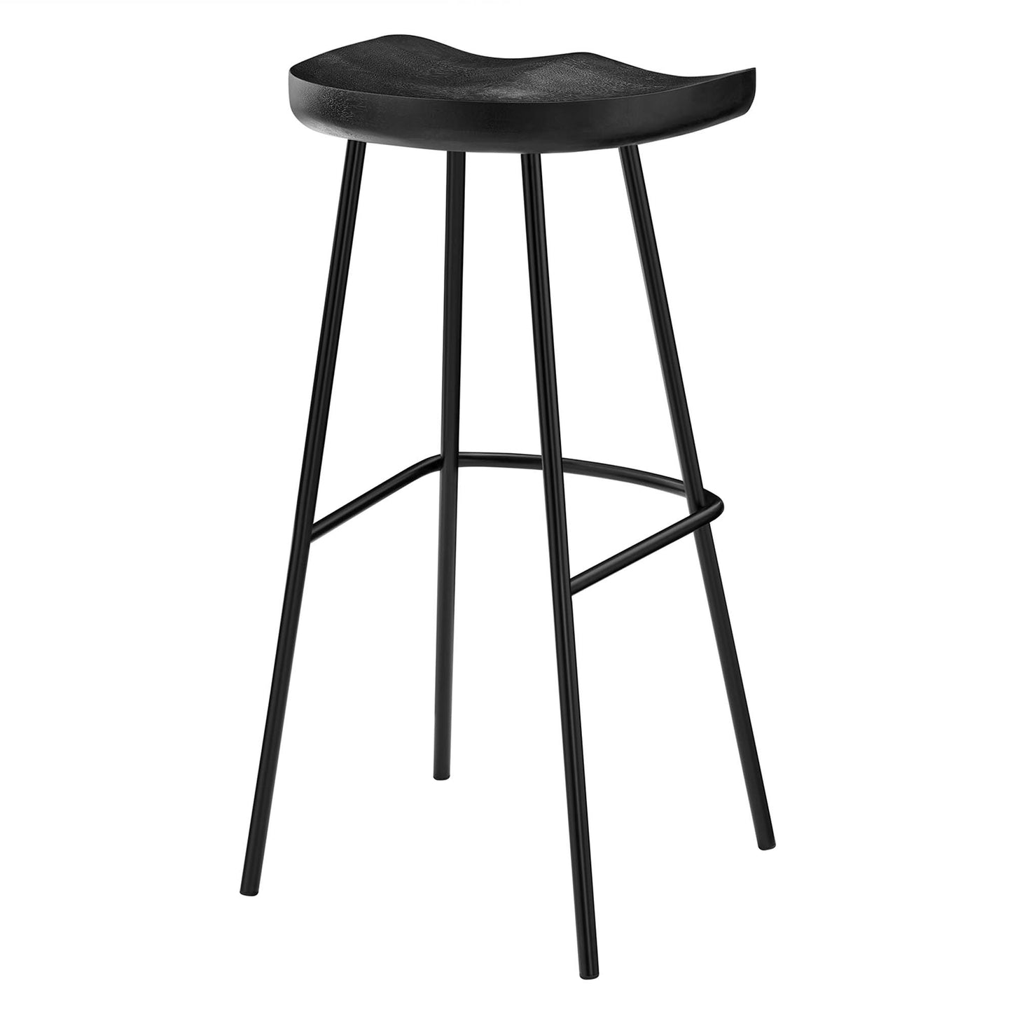 Black wood bar stools set of 2, backless with curved seats, four slender legs and a round footrest; modern industrial style.