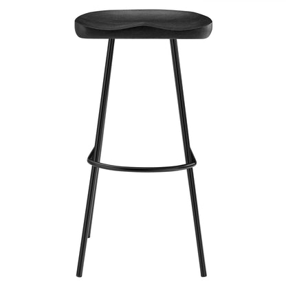 Black backless wood bar stools, set of 2, with rounded wood seats, angled metal legs and circular footrests.
