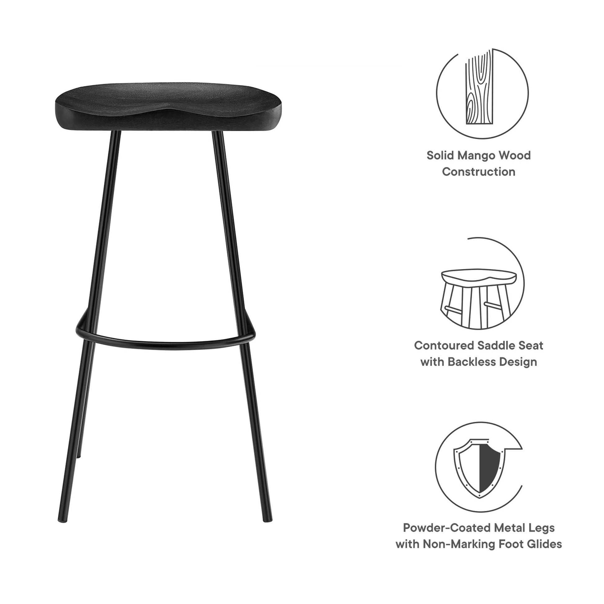 Black backless wood bar stools with contoured mango wood saddle seats and ring footrests; set of 2.