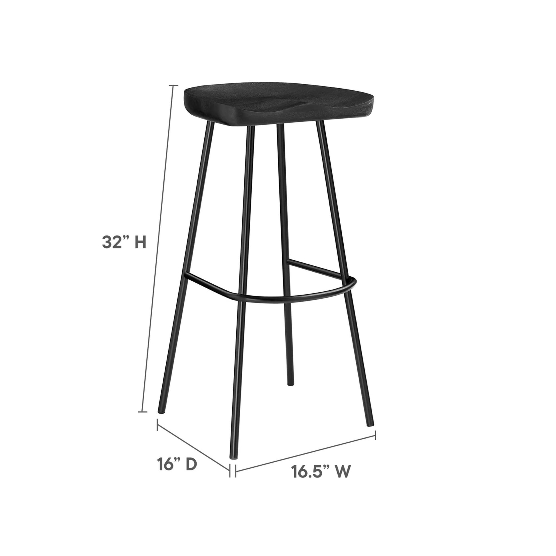 Black wood backless bar stools with round seats, circular footrests, 32 in tall, set of 2