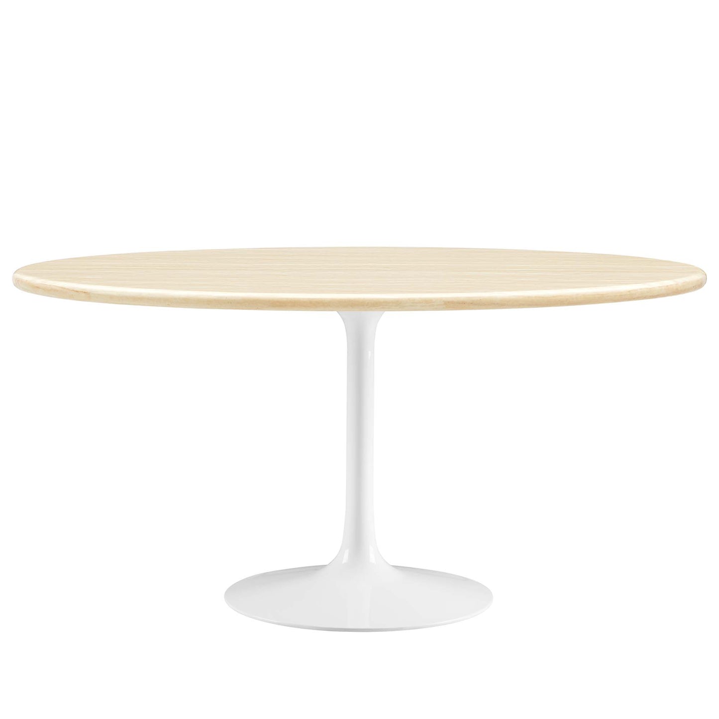Oval faux travertine dining table on a white tulip pedestal base, mid-century modern.