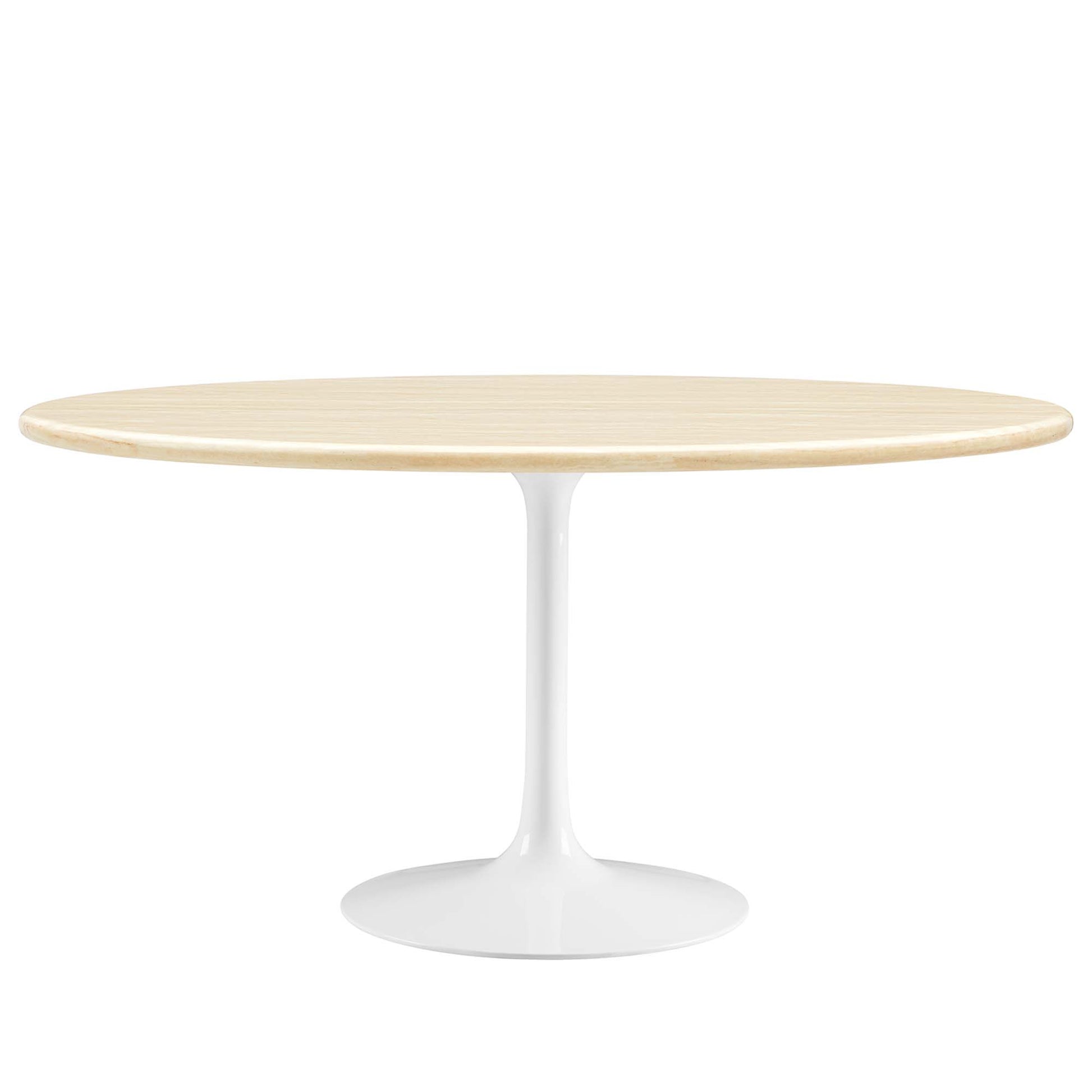Oval faux travertine dining table on a white tulip pedestal base, mid-century modern.