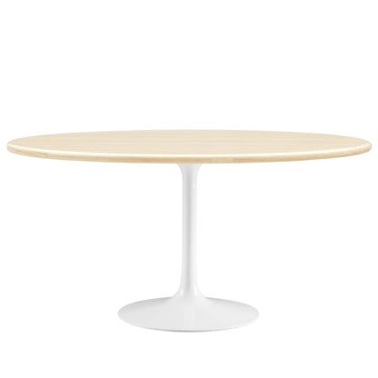 Oval faux travertine dining table on a white tulip pedestal base, mid-century modern.