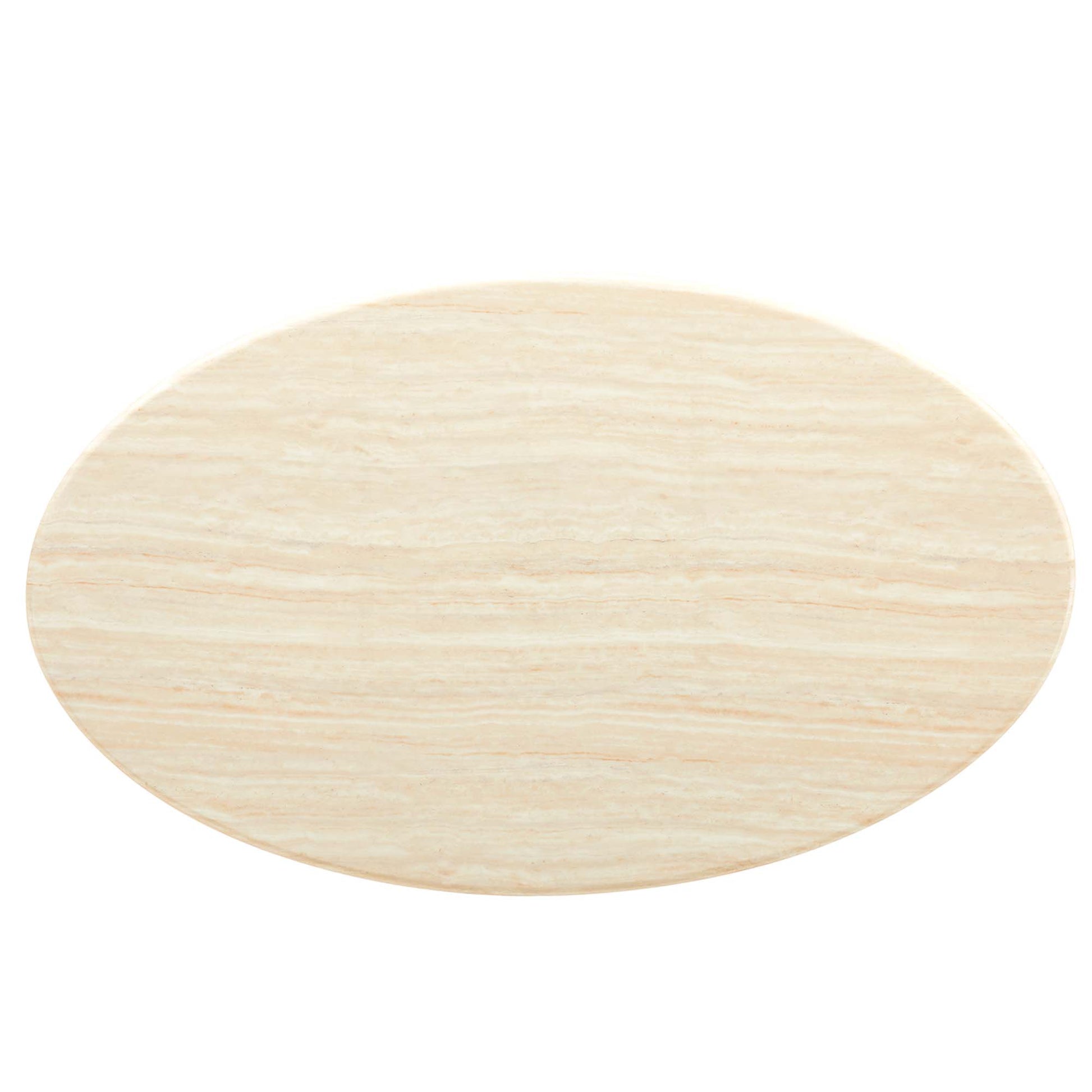 Oval dining table with a faux travertine top.