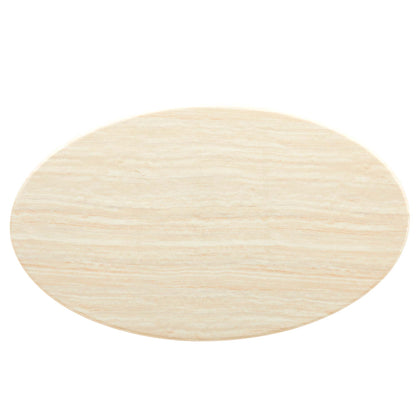Oval dining table with a faux travertine top.