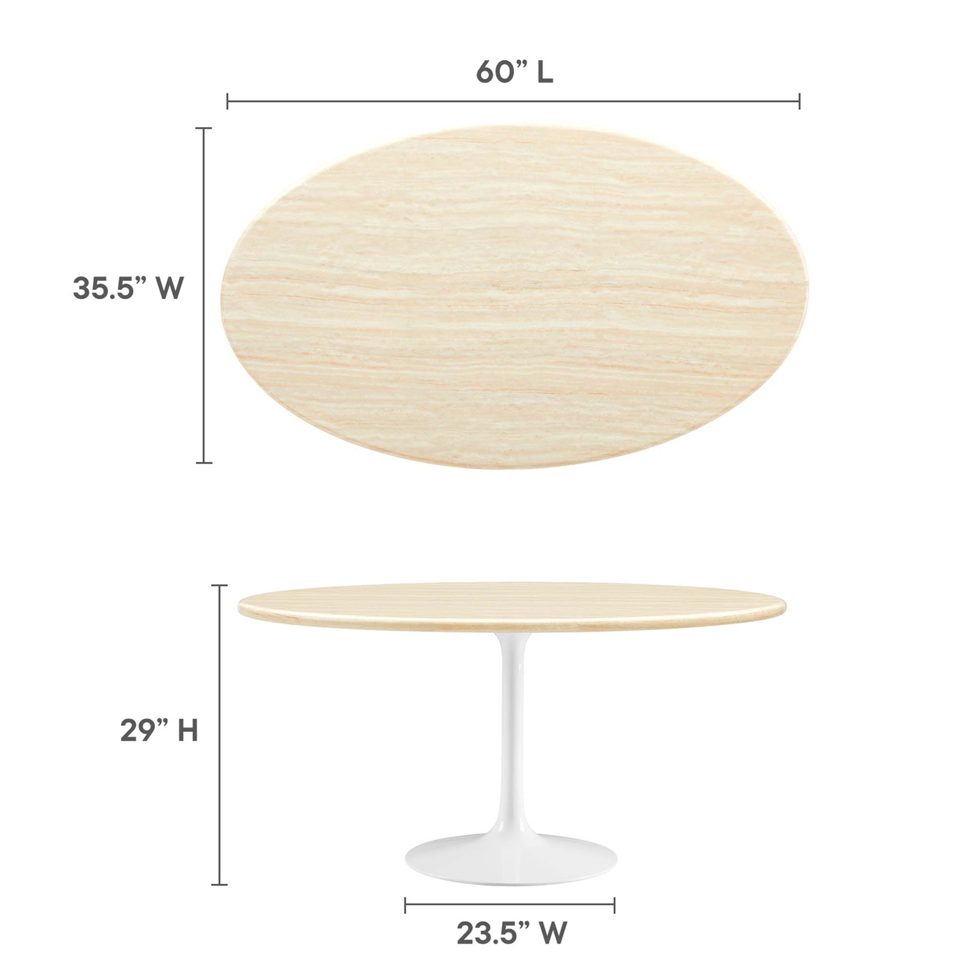 Oval dining table with a faux travertine top on a pedestal base; 60" L x 35.5" W, 29" H; mid-century modern style.