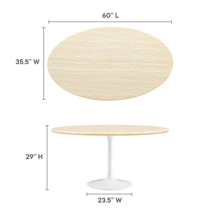 Oval dining table with a faux travertine top on a pedestal base; 60" L x 35.5" W, 29" H; mid-century modern style.