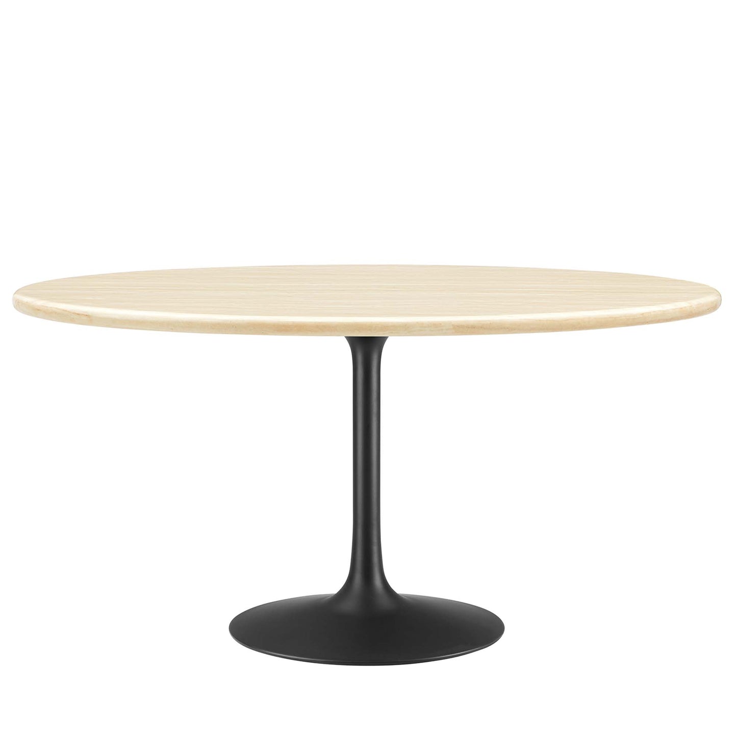 Oval faux travertine dining table with a black tulip pedestal base, mid-century modern style.