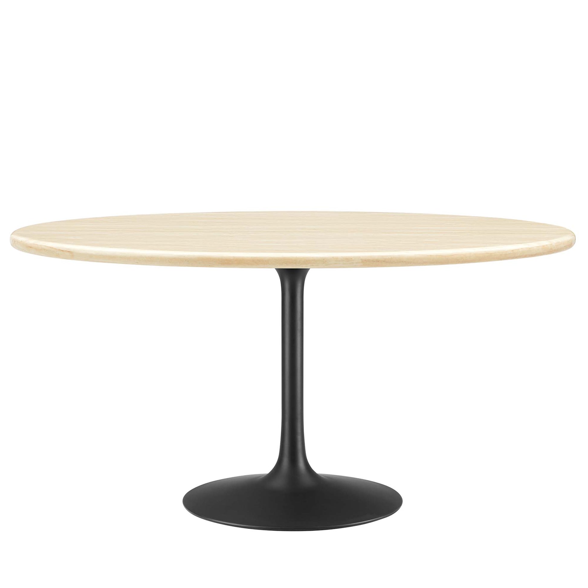 Oval faux travertine dining table with a black tulip pedestal base, mid-century modern style.
