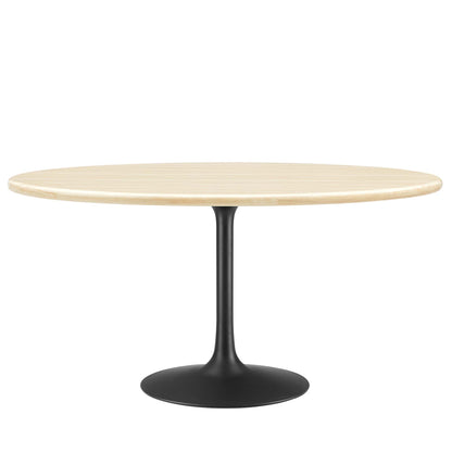 Oval faux travertine dining table with a black tulip pedestal base, mid-century modern style.