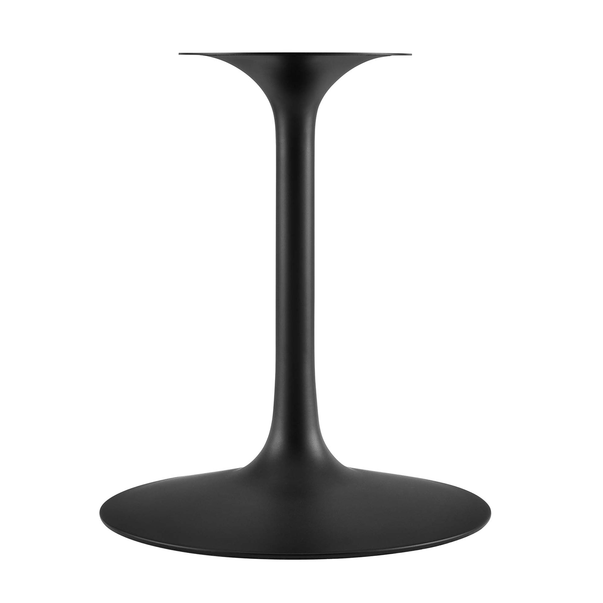Black metal pedestal base with a wide circular base and slim vertical stem supporting an oval faux travertine tabletop.