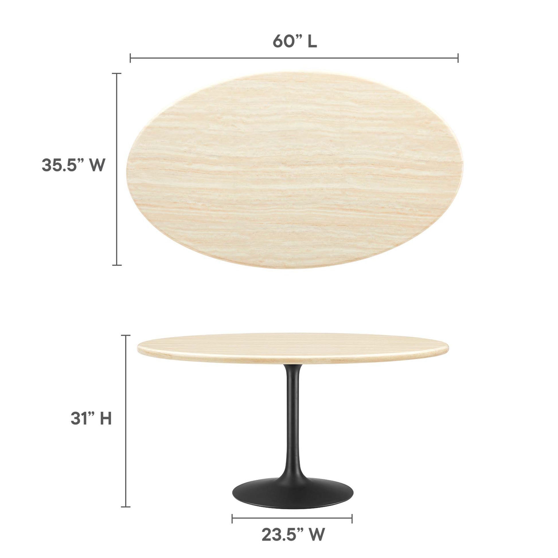 Oval faux travertine dining table top on a dark pedestal base; modern style, 60" L, 35.5" W, 31" H, 23.5" base.