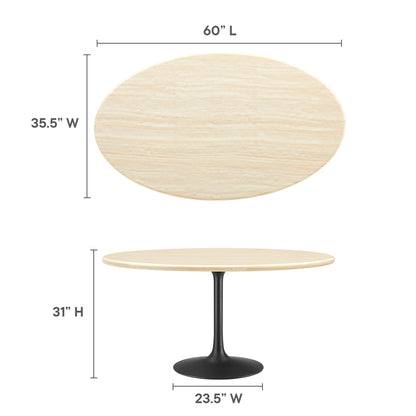 Oval faux travertine dining table top on a dark pedestal base; modern style, 60" L, 35.5" W, 31" H, 23.5" base.