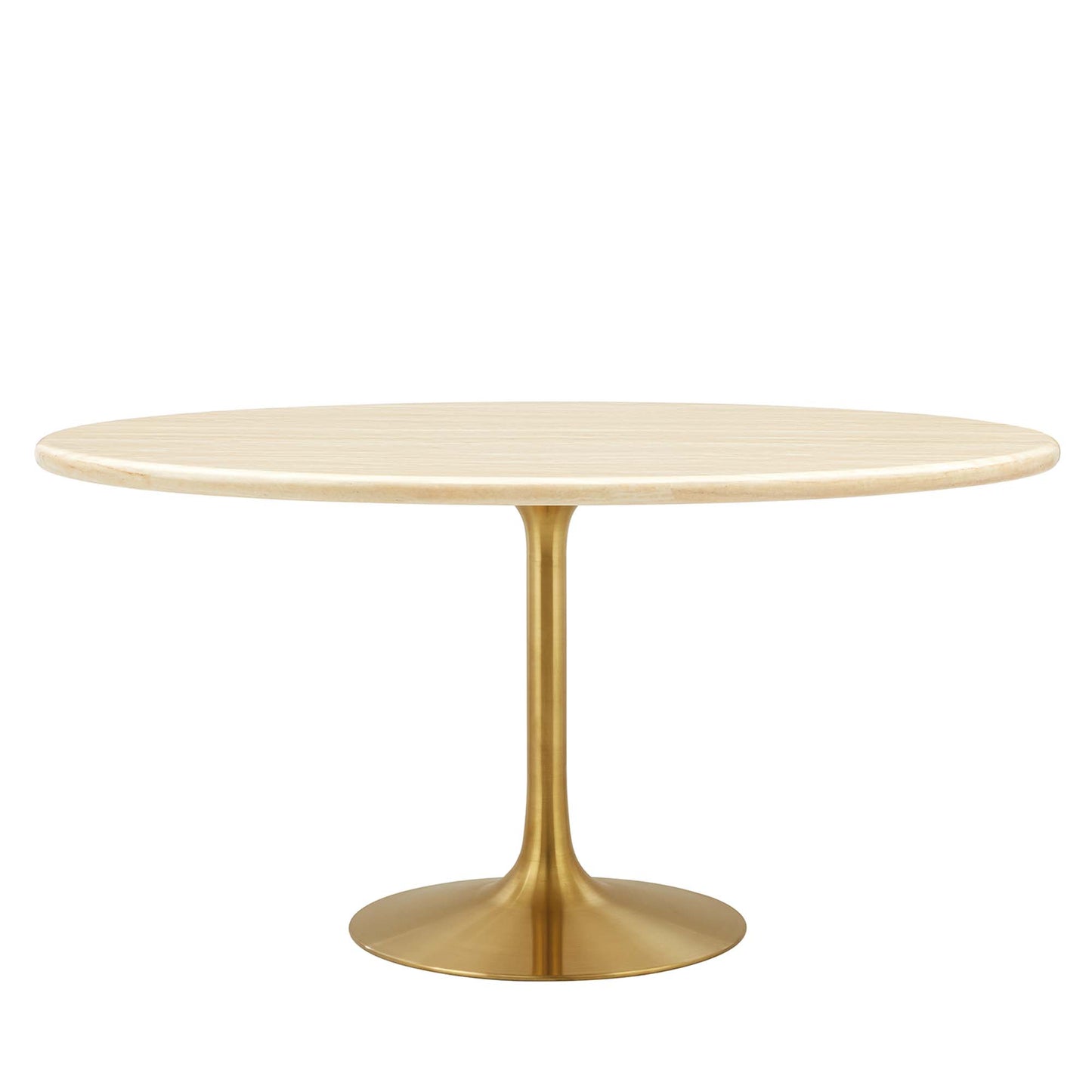 Oval faux travertine top on a gold-tone tulip pedestal base dining table, mid-century modern style.
