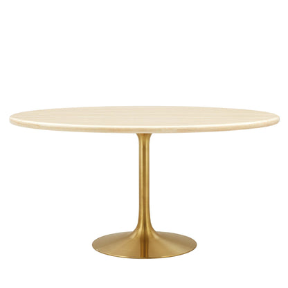 Oval faux travertine top on a gold-tone tulip pedestal base dining table, mid-century modern style.