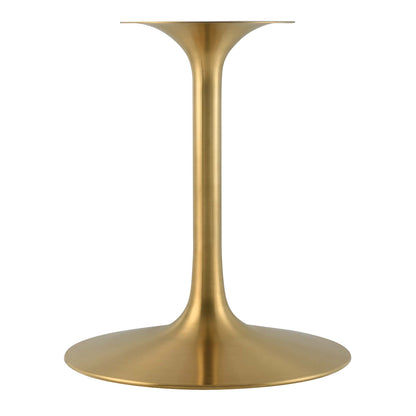 Gold-brass metal pedestal base with wide circular bottom, slender vertical stem, and a small top plate for a tabletop.