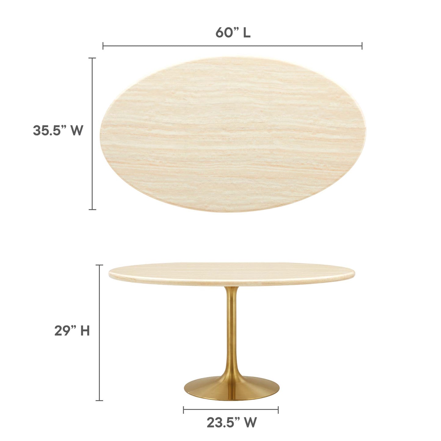 Oval faux travertine dining table top on a gold pedestal base; 60" L, 35.5" W, 29" H; gold circular base 23.5" W.