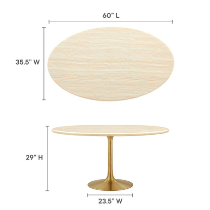 Oval faux travertine dining table top on a gold pedestal base; 60" L, 35.5" W, 29" H; gold circular base 23.5" W.