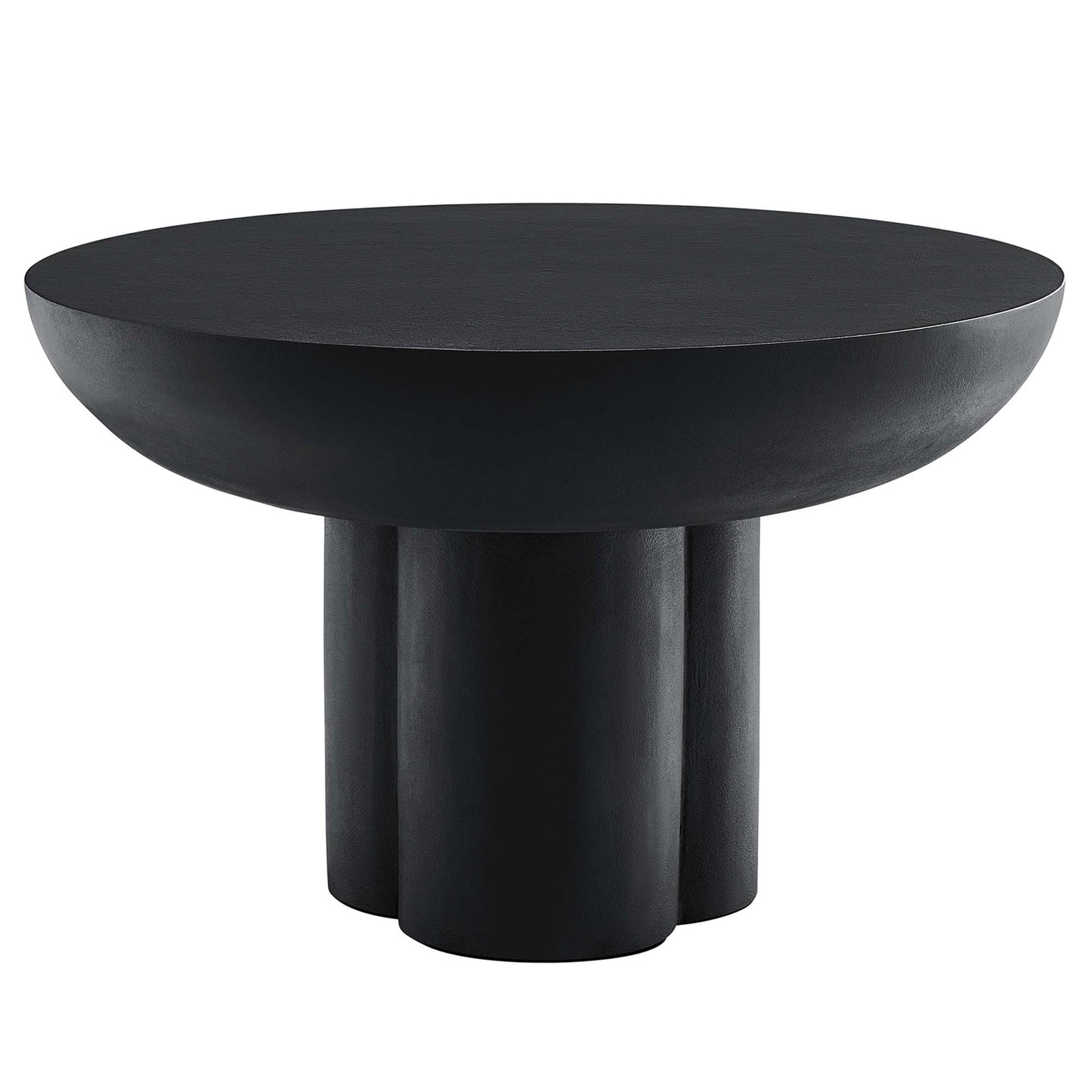 Black round concrete coffee table with a matte metal triple-column pedestal.