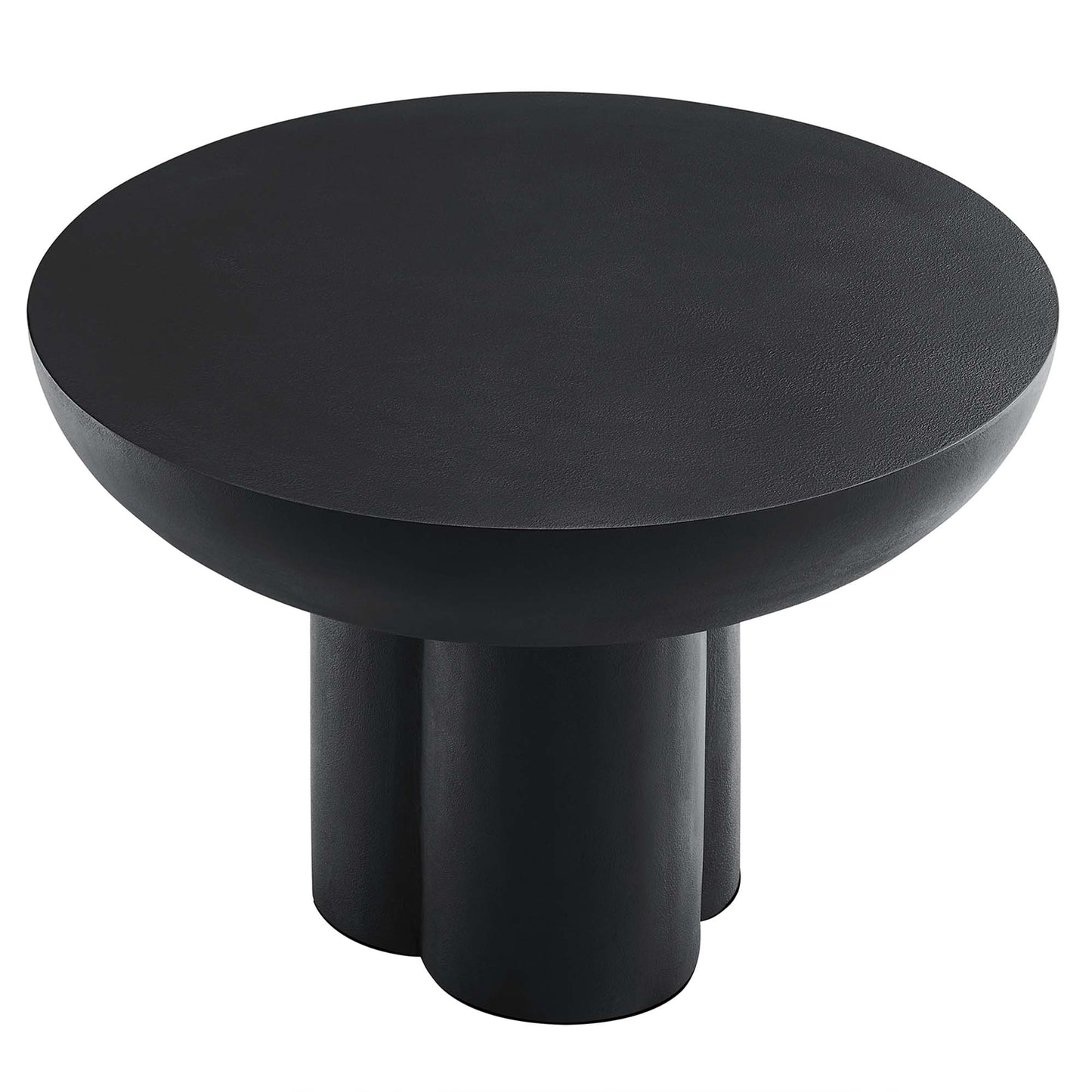 Black round coffee table with matte finish and triple cylindrical pedestal base.