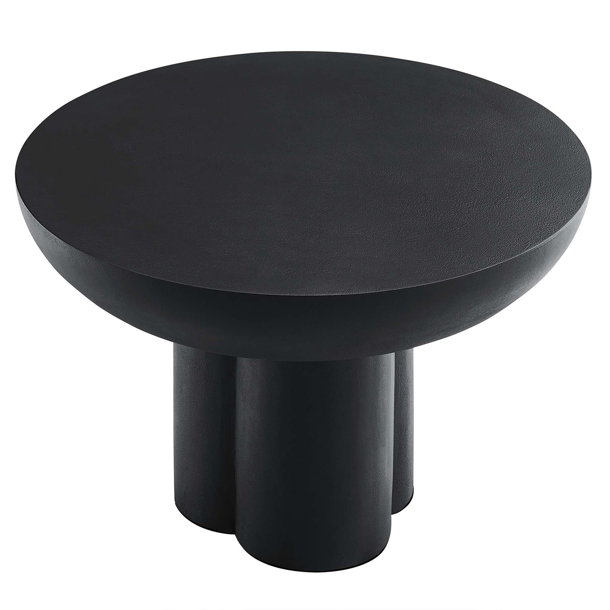 Black round coffee table with matte finish and triple cylindrical pedestal base.