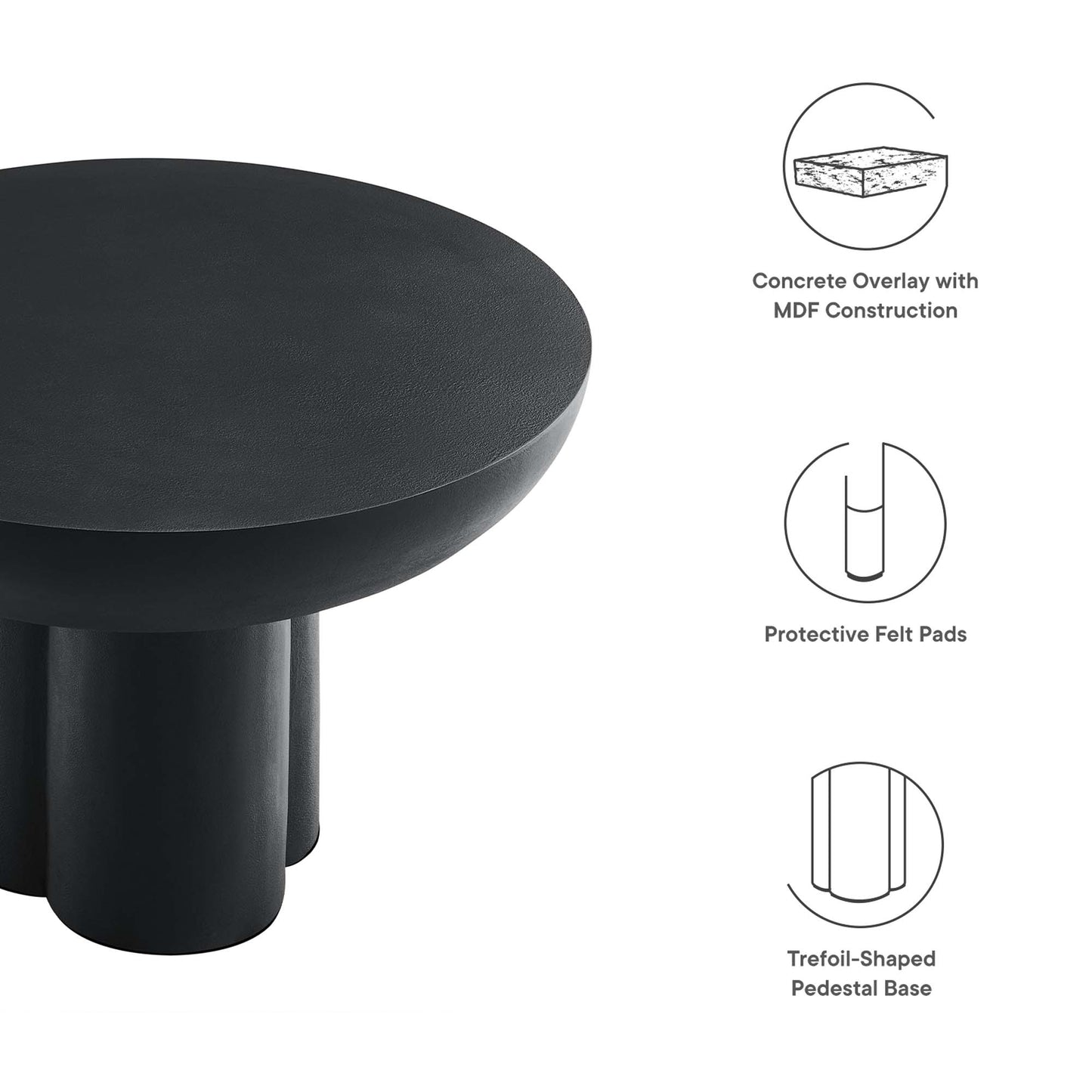 Round concrete coffee table with a pedestal-style base; minimalist modern design.