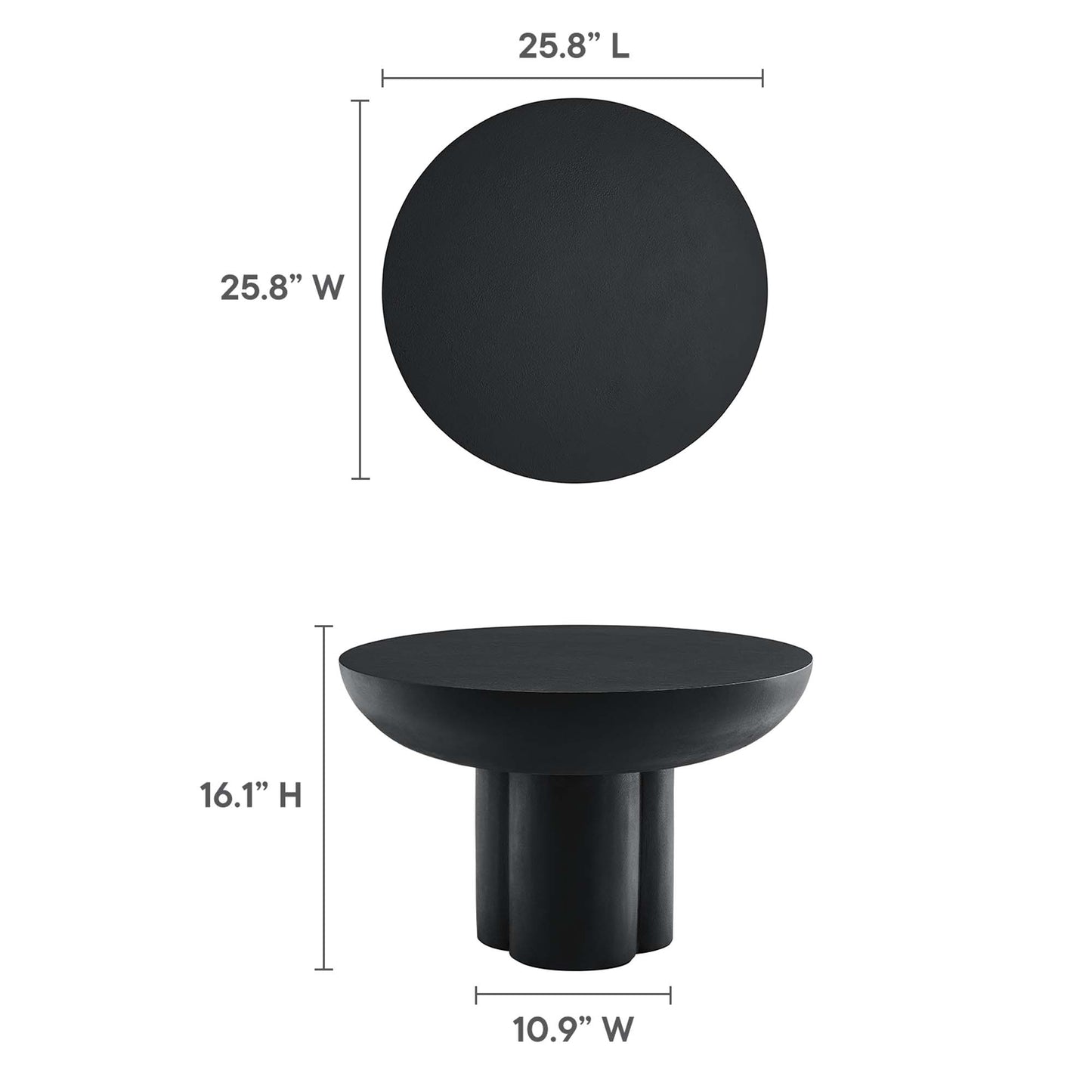 Matte black round concrete coffee table on a three-legged pedestal base; modern minimalist style, 25.8 in diameter, 16.1 in tall.