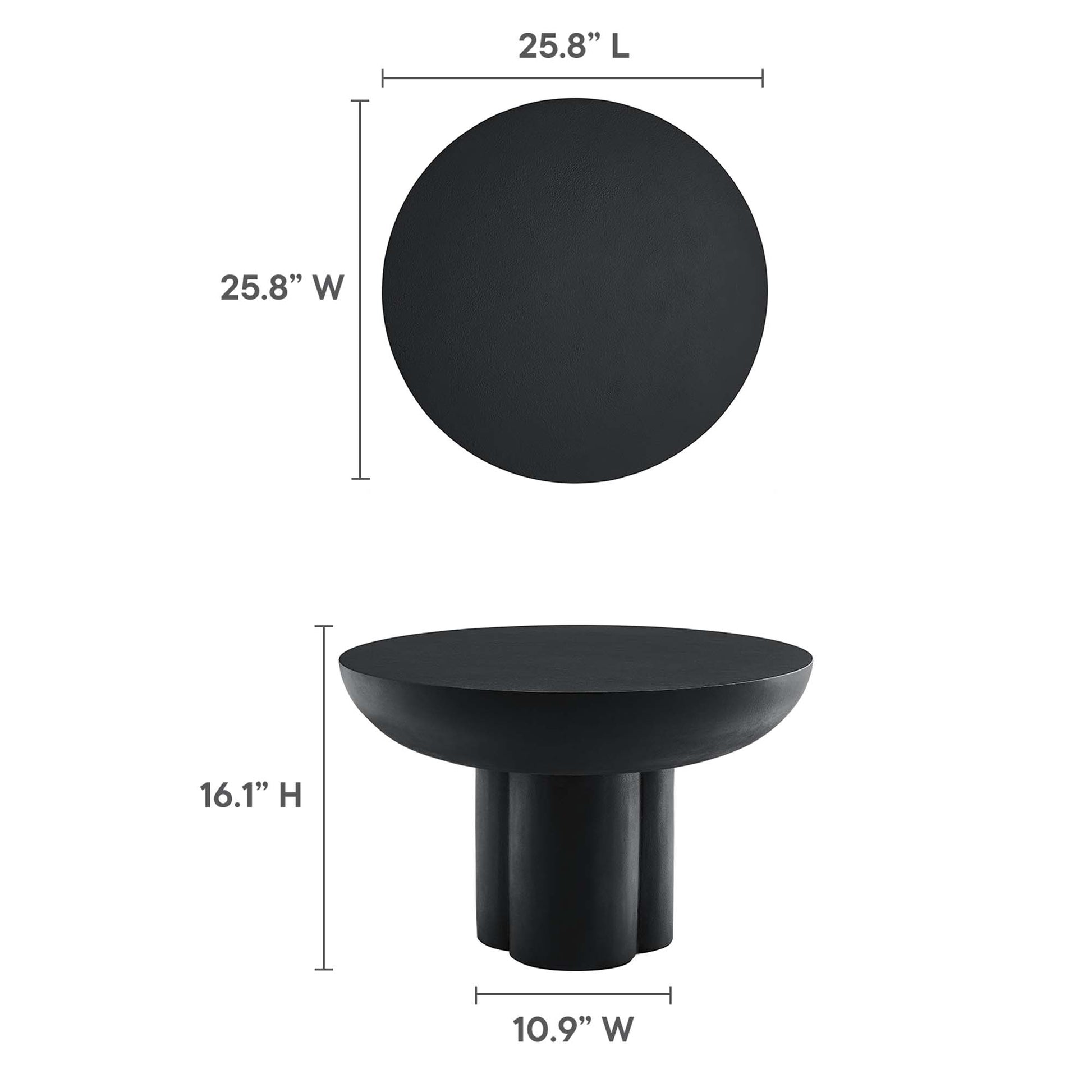 Matte black round concrete coffee table on a three-legged pedestal base; modern minimalist style, 25.8 in diameter, 16.1 in tall.