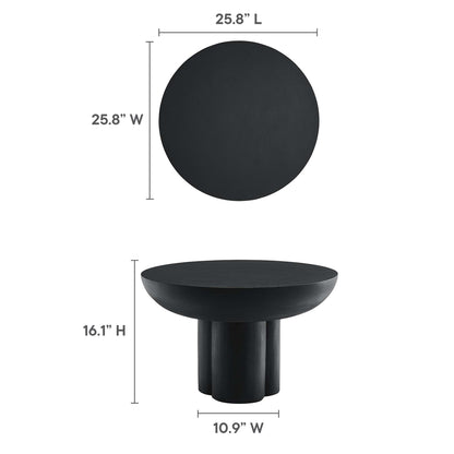 Matte black round concrete coffee table on a three-legged pedestal base; modern minimalist style, 25.8 in diameter, 16.1 in tall.