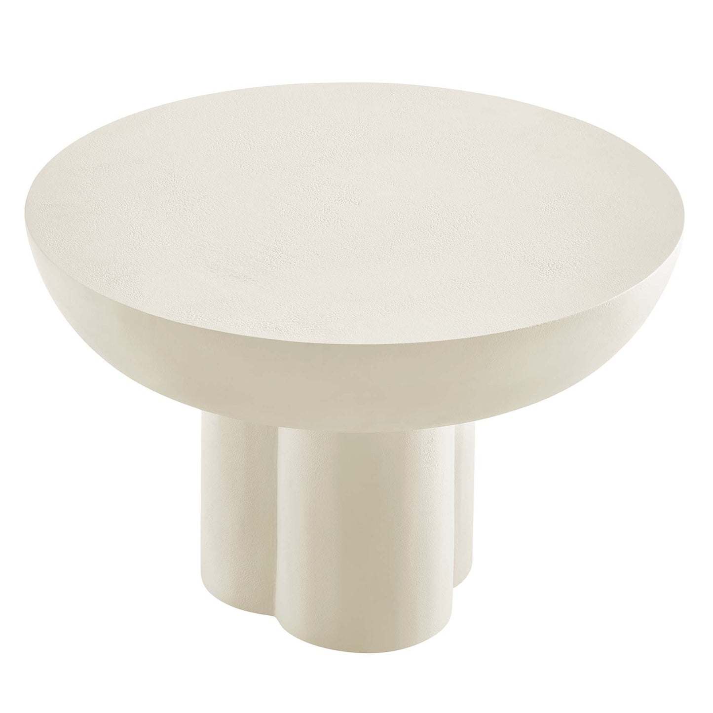 White round coffee table with a wide top and three cylindrical pedestal legs; modern minimalist design.