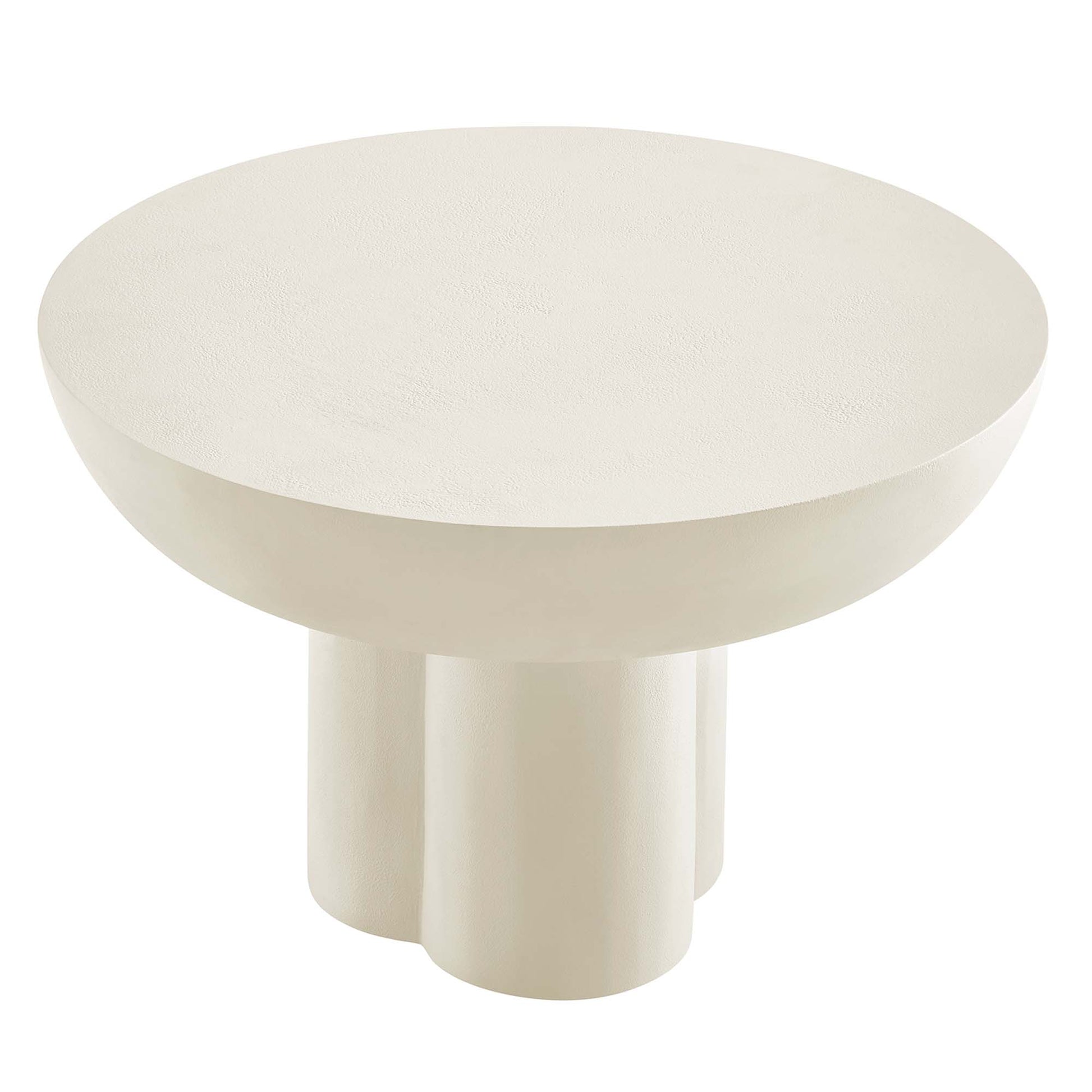 White round coffee table with a wide top and three cylindrical pedestal legs; modern minimalist design.