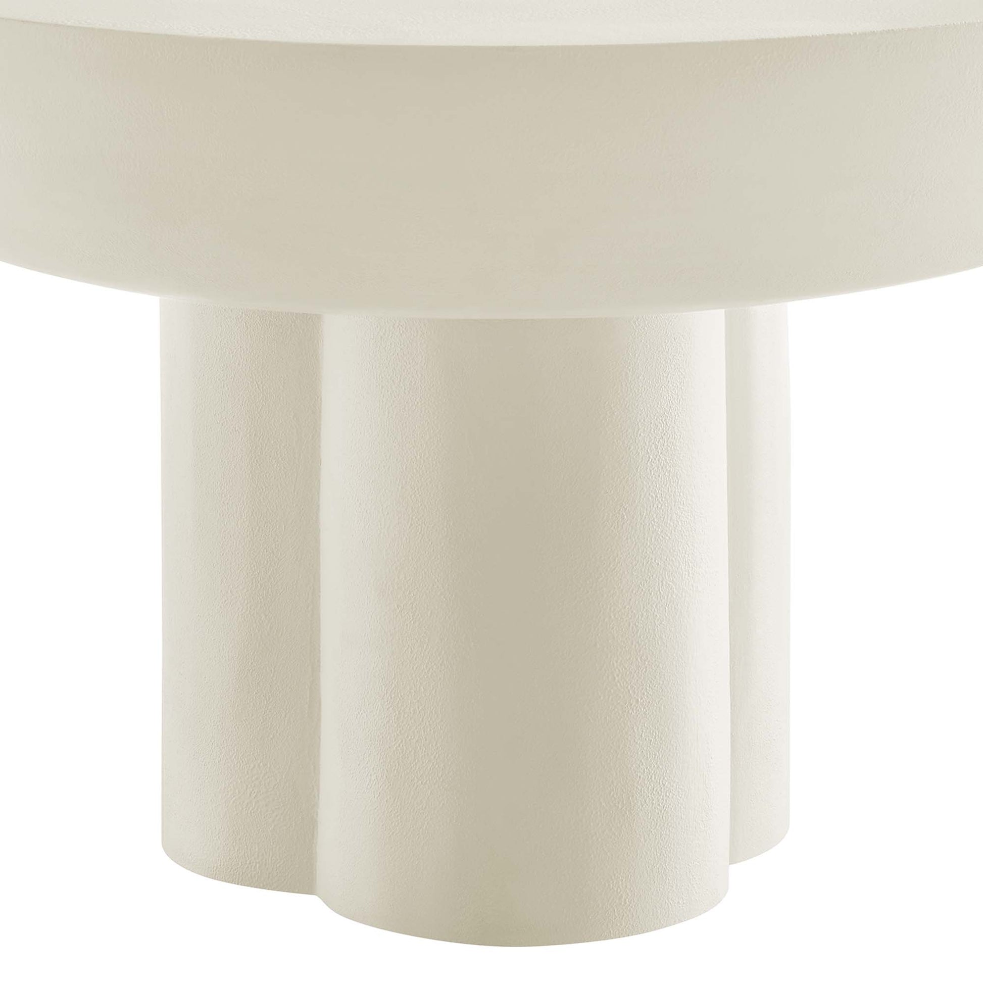 White round pedestal table with a cylindrical central column and triple-leg base, minimalist style.