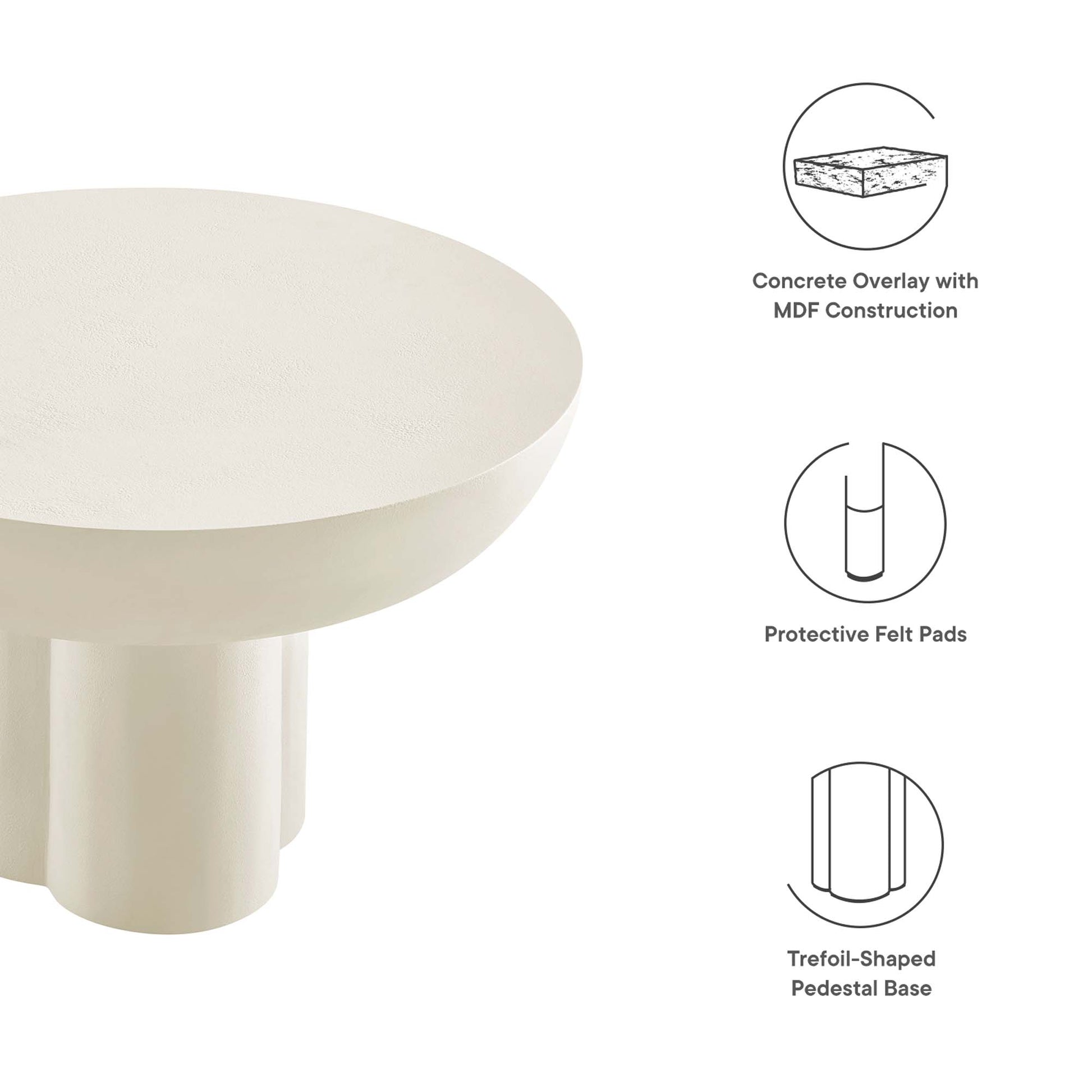 Cream round table top with concrete overlay on MDF; trefoil-shaped pedestal base; modern style with protective felt pads.