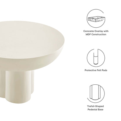 Cream round table top with concrete overlay on MDF; trefoil-shaped pedestal base; modern style with protective felt pads.