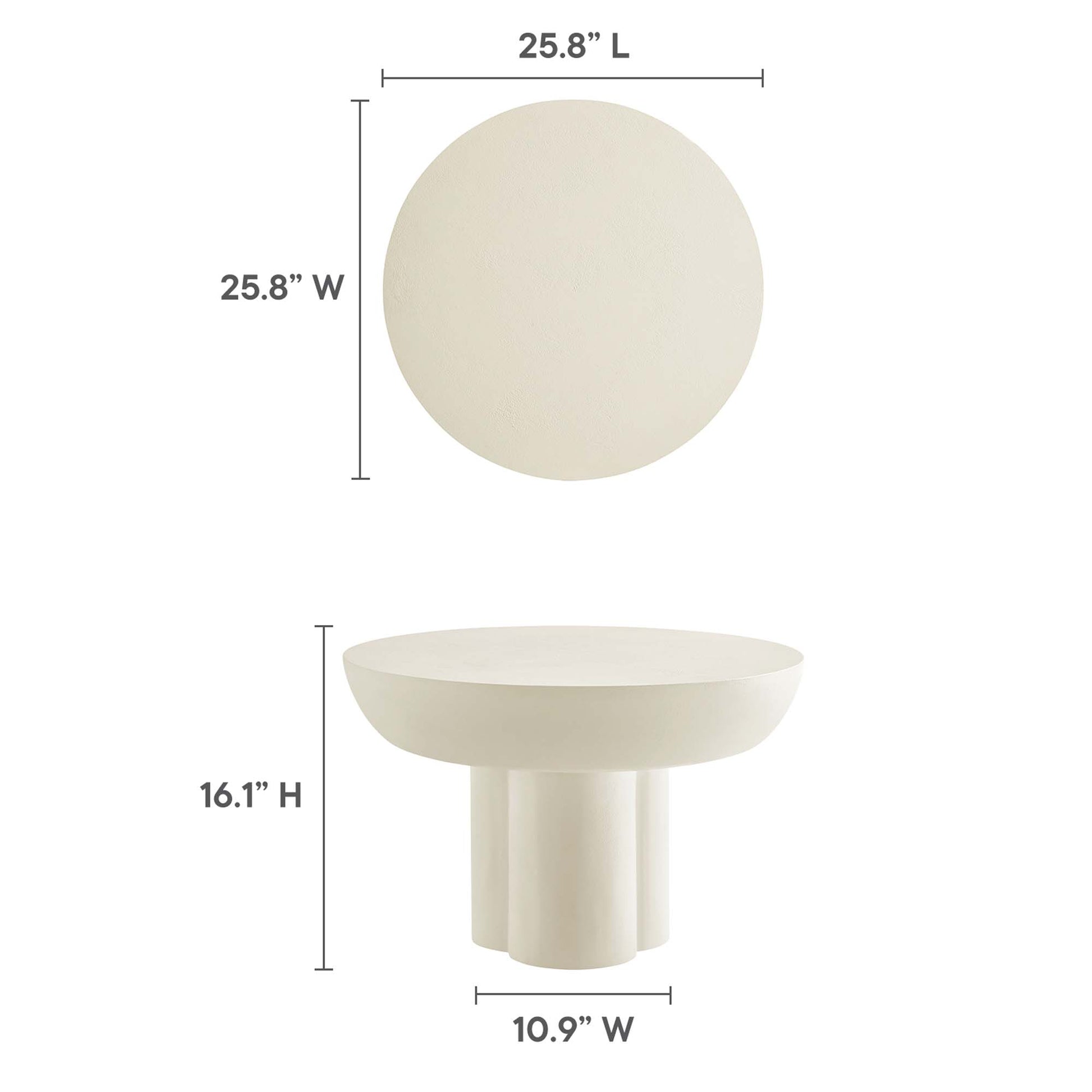 Round white coffee table with a pedestal base of triple cylindrical legs, modern minimalist design, 25.8 in dia, 16.1 in high