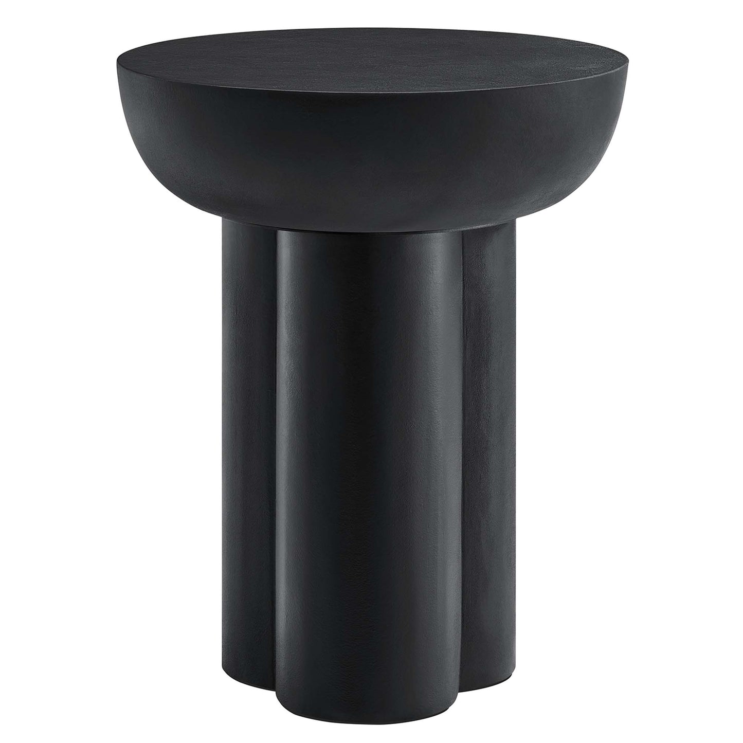 Matte black round side table with a shallow bowl-like top and three chunky cylindrical legs.