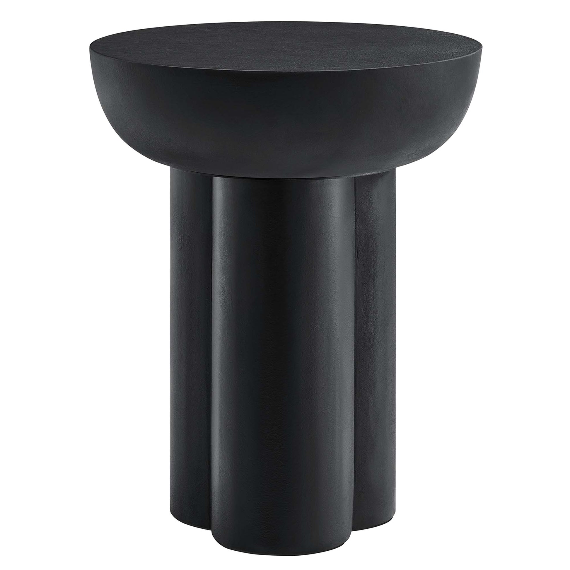 Matte black round side table with a shallow bowl-like top and three chunky cylindrical legs.